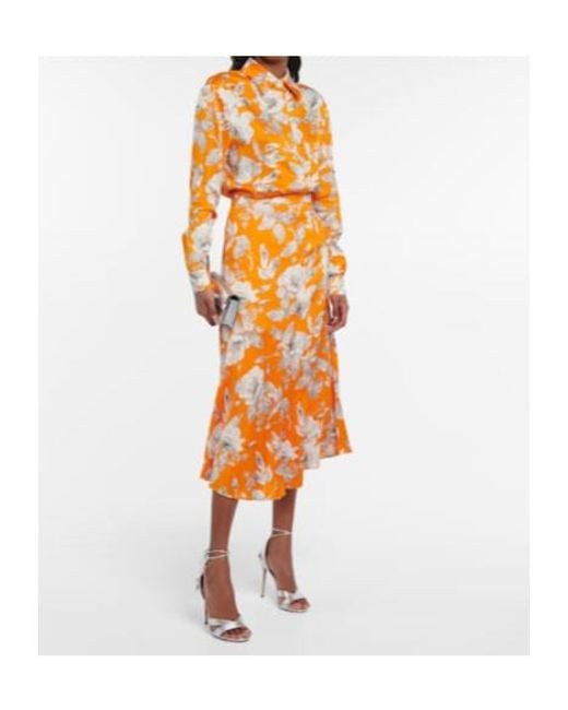Erdem Orange Griselda Floral Satin Midi Skirt