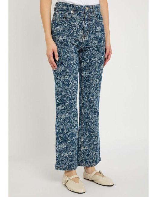 Ganni Blue Betzy Floral-Jacquard Bootcut Jeans