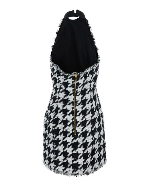 Balmain White And Halterneck Mini Dress With Houndstooth Motif