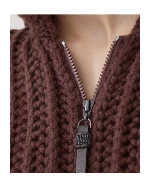 Brunello Cucinelli Brown Openwork Rib Hooded Cardigan