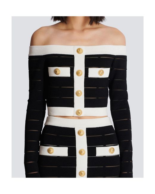 Balmain Black Off-The-Shoulder Crop Top