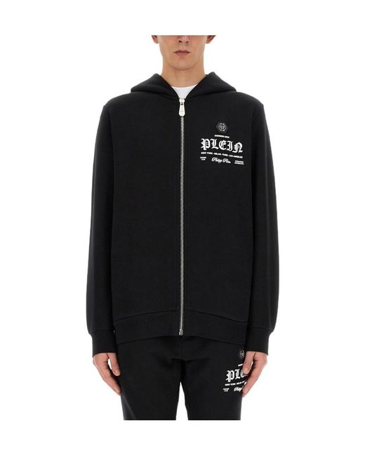 Philipp Plein Black Logo Printed Zipped Hoodie for men