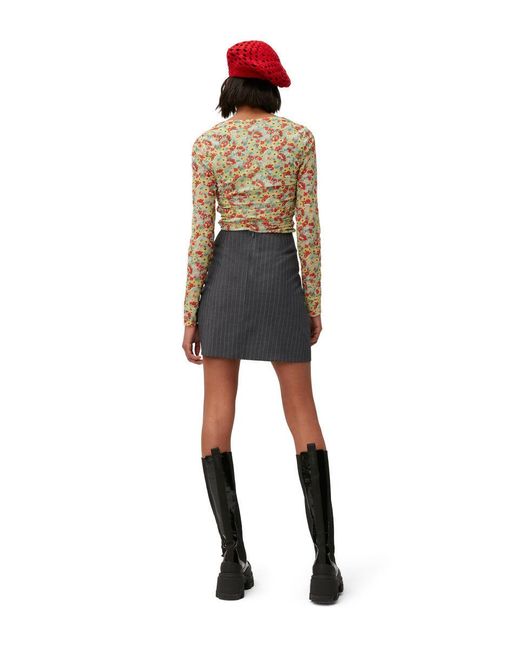 Ganni Green Floral Printed Square Neck Top