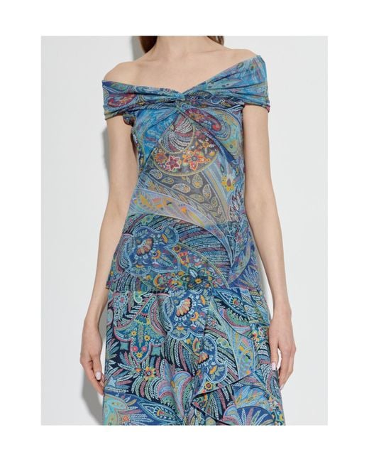 Etro Blue Draped Off-Shoulder Top