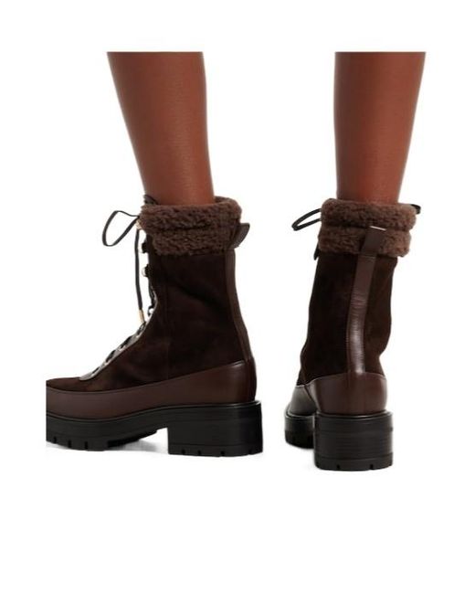 Aquazzura Brown Shearling-Trimmed Suede Lace-Up Boots