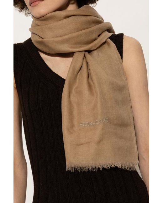 Ferragamo Natural Ferragamo Logo Embroidered Shawl