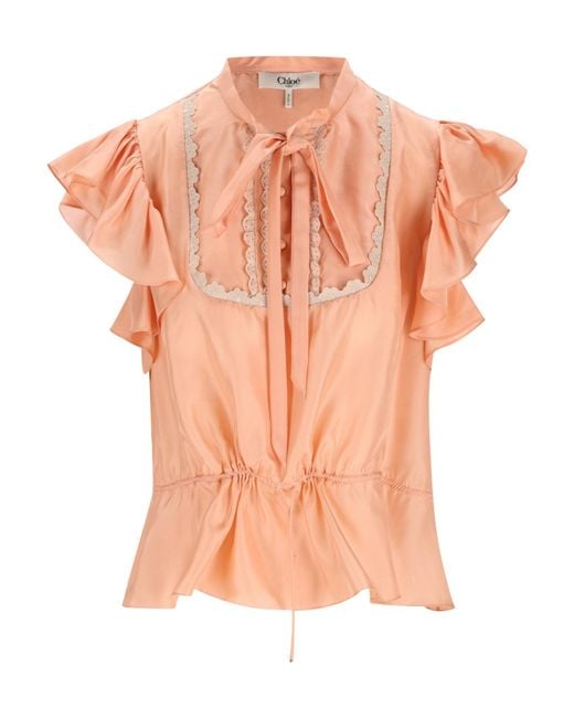 Chloé Orange Chloé Lace-Trim Drawstring Top