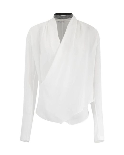Brunello Cucinelli White Draped Cowl-Neck Blouse