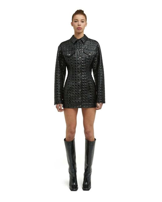MSGM Black Embossed-Pattern Fitted Waist Shirt Jacket