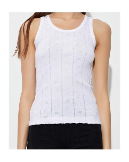 Ganni White Logo-Patch Pointelle-Knit Top