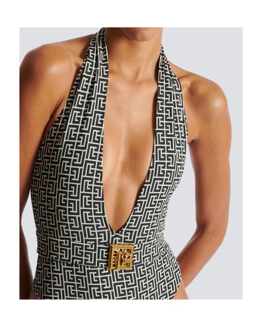 Balmain Black Pb Labyrinth-Print Swimsuit