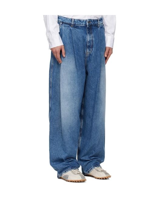 Hed Mayner Blue Pleated Wide-Leg Jeans for men