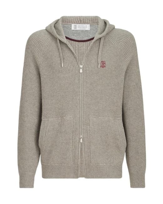 Brunello Cucinelli Gray Cashmere English Rib Hooded Knit Sweatshirt With Logo And Zipper for men