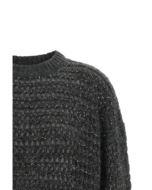 Brunello Cucinelli Gray Sequin-Embellished Open-Mesh Sweater