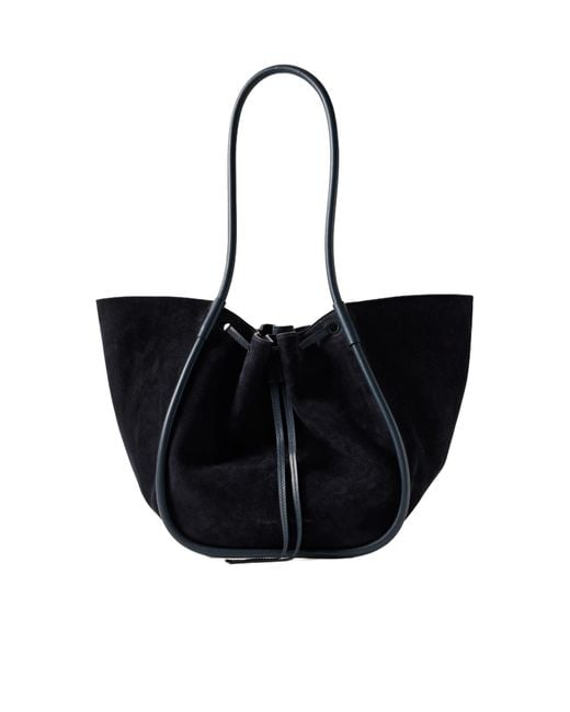 Proenza Schouler Black Large Leather-Trimmed Ruched Suede Tote