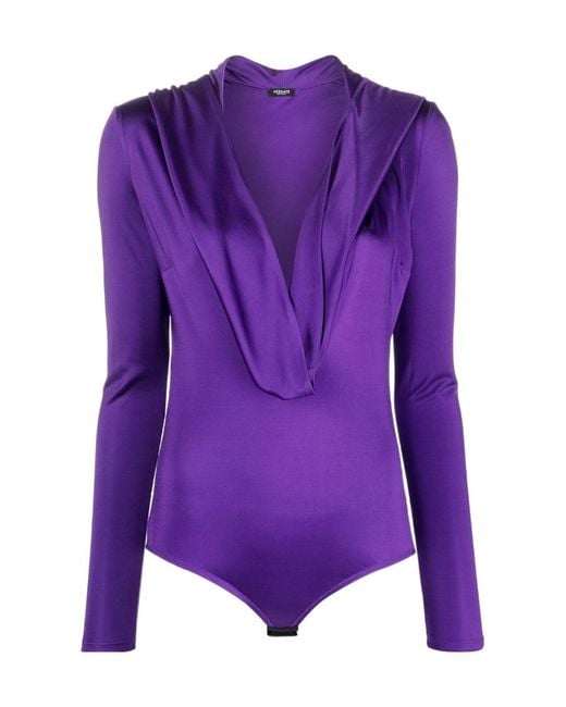 Versace Purple Cowl-Neck Detail Long Sleeve Bodysuit