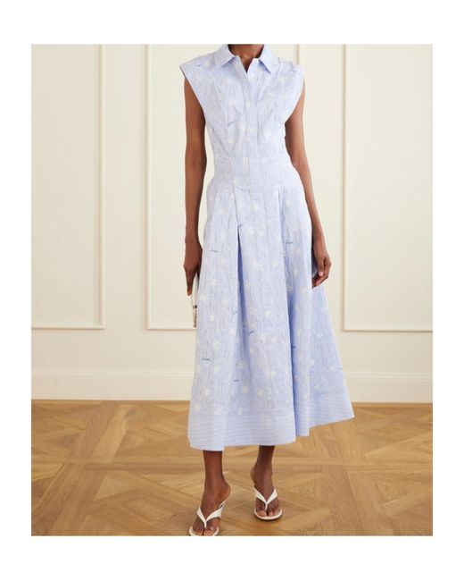 Jonathan Simkhai Blue Neri Embroidered Striped Cotton-Poplin Midi Dress