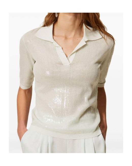 Twinset White Sequin Embellished Short-Sleeved Polo Shirt