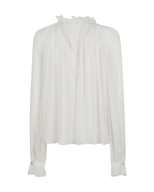 Alberta Ferretti White Pleated Ruffle-Neck Top
