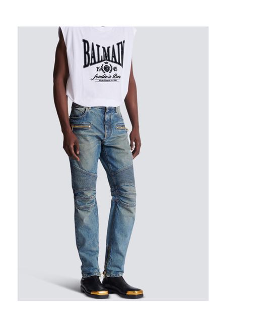 Balmain Blue Vintage Denim Biker Jeans for men
