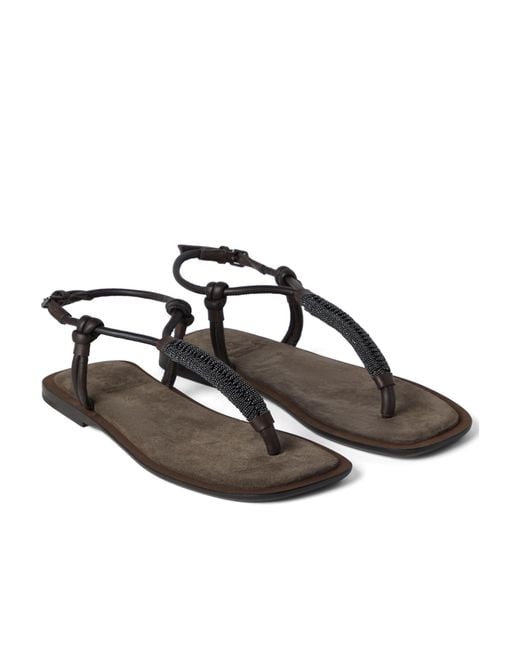Brunello Cucinelli Brown Embellished Strap Flip-Flops