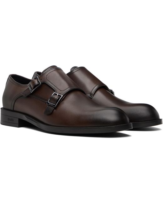 Boss Brown Tayil Buckle Leather Monk Shoes for men