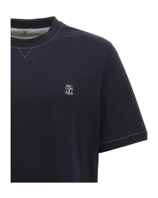 Brunello Cucinelli Black Logo Embroidered Crewneck T-Shirt for men
