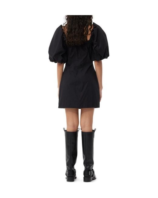 Ganni Black Poplin Puff-Sleeved Mini Dress
