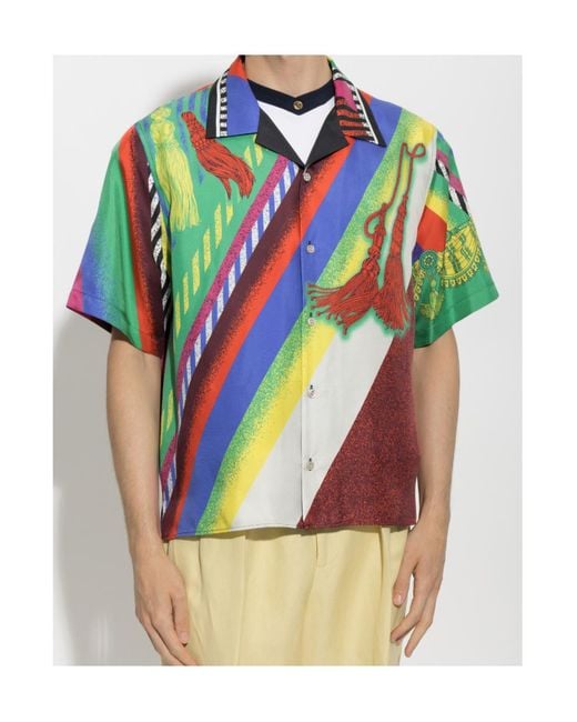Versace Blue Pattern-Printed Short-Sleeved Shirt for men