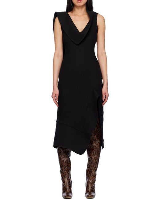 Bottega Veneta Black Structured V-Neck Midi Dress