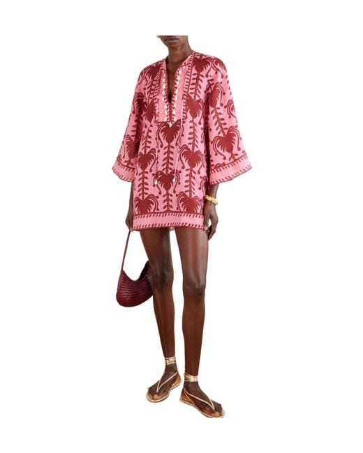 Johanna Ortiz Red Shell-Embellished Linen Mini Dress