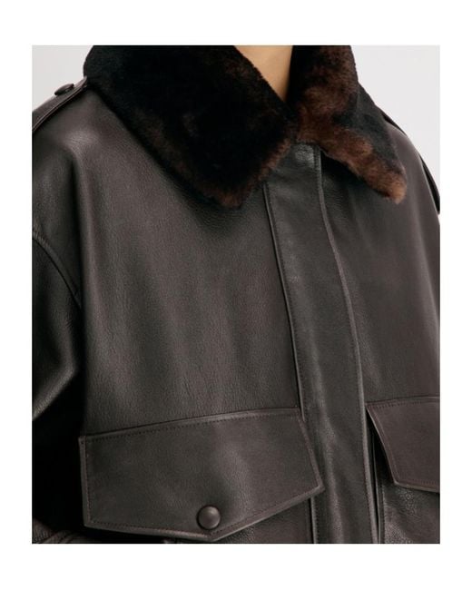 Loulou de Saison Black Russo Leather Bomber With Shearling Collar