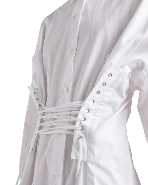 Prada White Lace-Up Long Sleeved Shirt Dress
