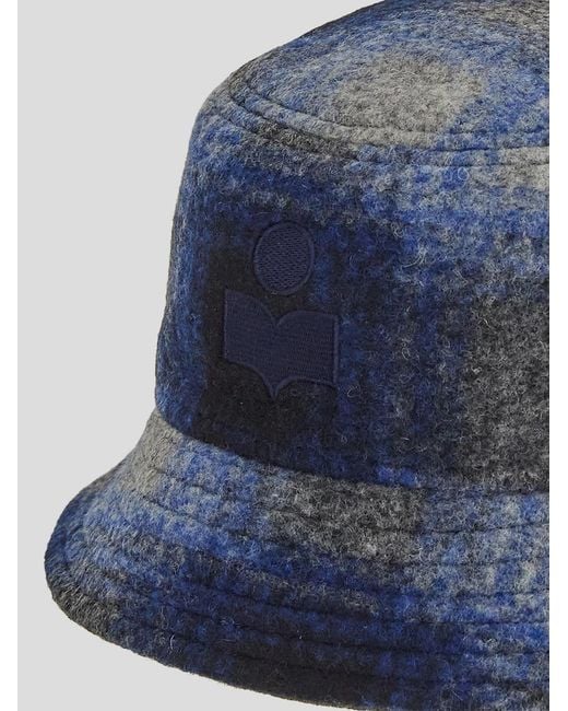 Isabel Marant Blue Logo Embroidered Checked Bucked Hat