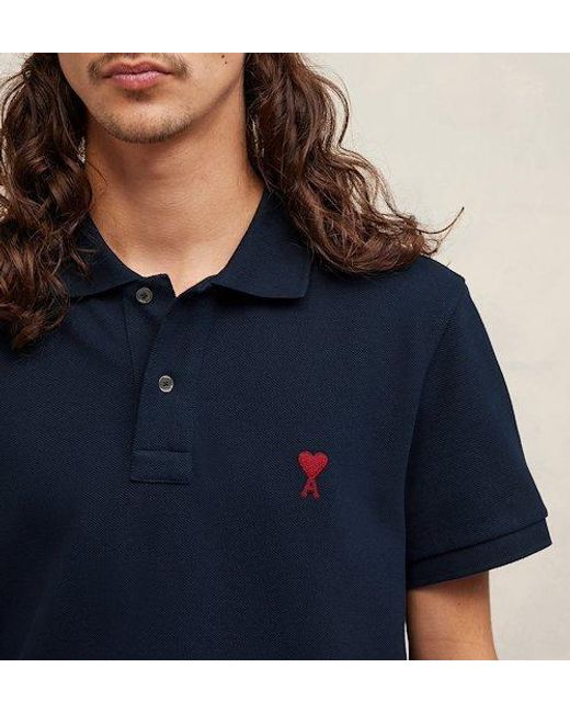 AMI Blue Logo Embroidered Short-Sleeved Polo Shirt for men