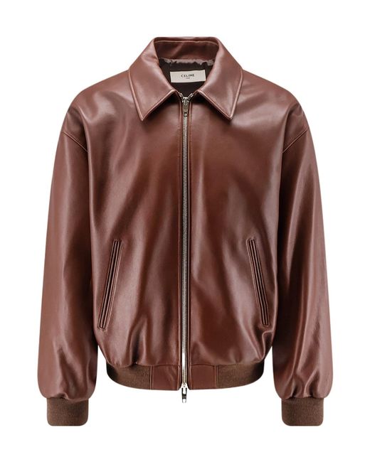 Céline Brown Collared Long-Sleeved Leather Jacket for men