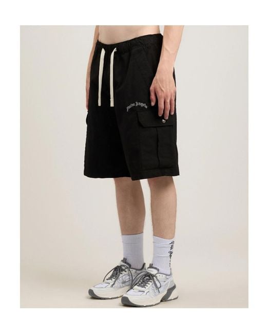 Palm Angels Black Curved Logo Loose Cargo Shorts for men