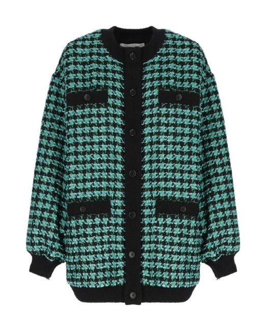 MSGM Green Houndstooth-Pattern Tweed Cardi-Coat