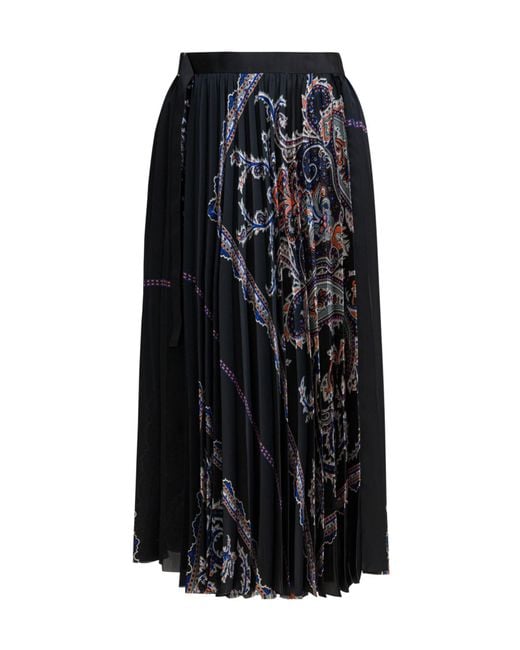 Sacai Black Paisley Printed Pleated Midi Skirt