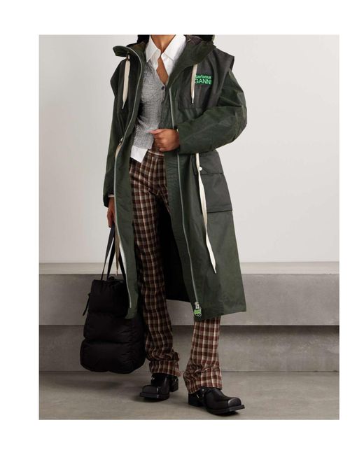 Barbour Black Ganni Hooded Checked Waxed-Organic Cotton Jacket