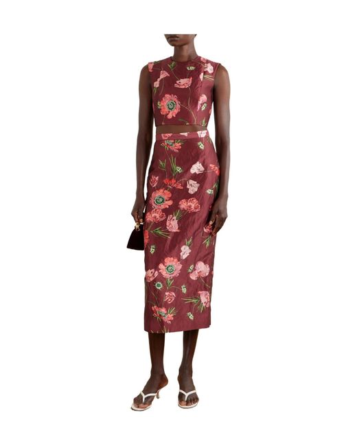 Erdem Red Floral-Printed Satin Midi Pencil Skirt
