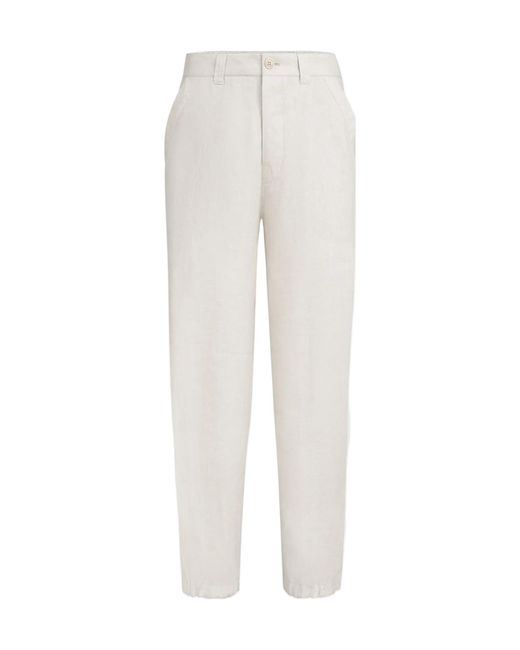 Brunello Cucinelli White Linen Micro Chevron Trousers With Drawstrings for men