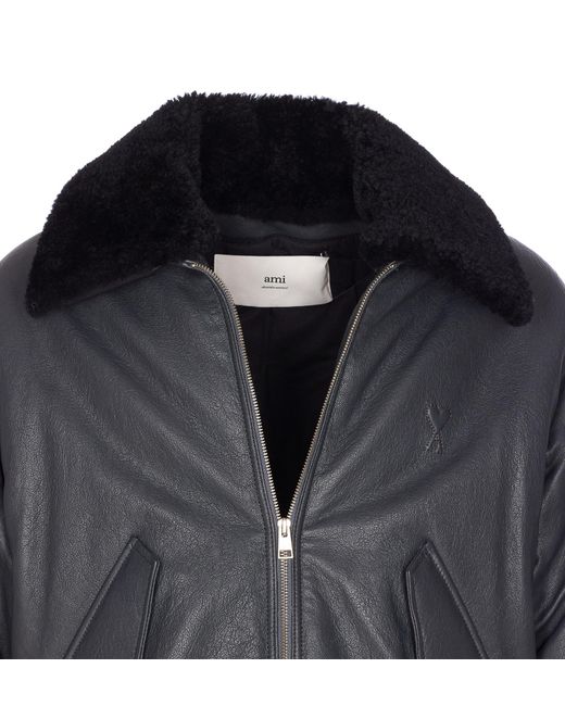 AMI Black Zip-Up Leather Bomber Jacket for men