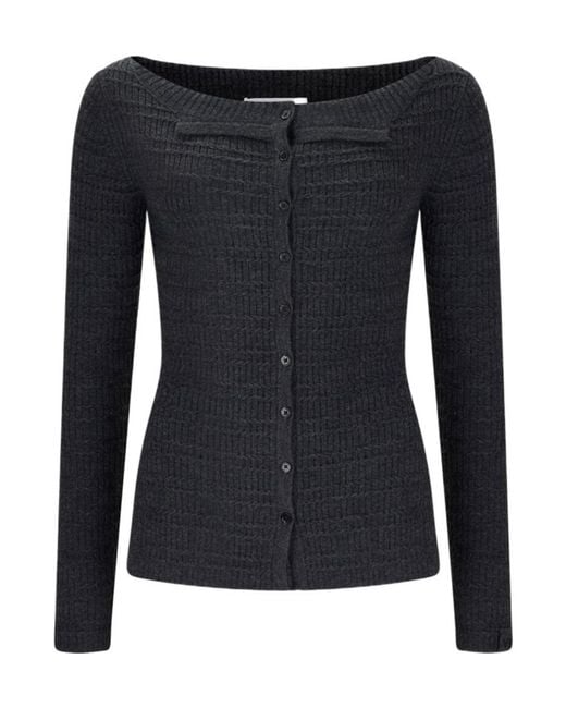 Victoria Beckham Black Folded Detail Fitted Merino Blend Wool Boat-Neck Cardigan