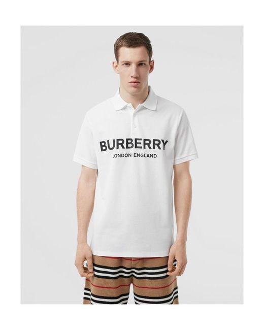 Burberry White Logo Print Piqué Polo Shirt for men