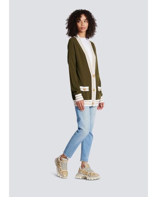 Balmain Green Wool-blend Logo Cardigan