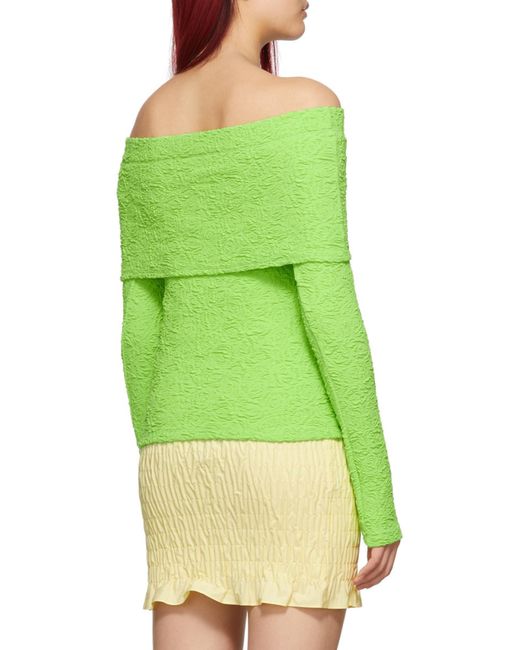 MSGM Green Embossed Off-Shoulder Long Sleeved Top