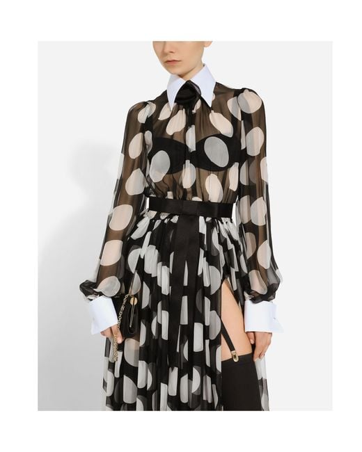 Dolce & Gabbana Black Polka-Dot Chiffon Calf-Length Dress