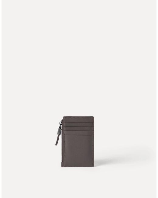 Brunello Cucinelli Gray Calfskin Card Case With Shiny Zipper Pull