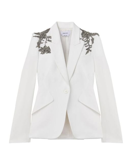 McQueen White Single Breasted Embellished Shoulder Blazer
